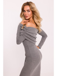 M820 Asymmetrical neckline rib knit dress - grey melange