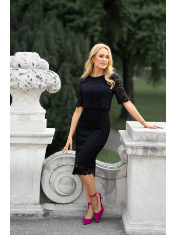 S379 Lace dress with double layerd top - black