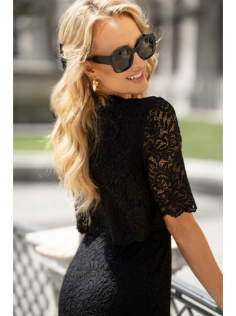 S379 Lace dress with double layerd top - black