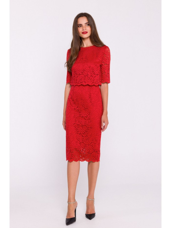 S379 Lace dress with double layerd top - red