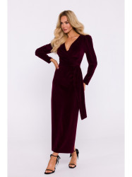 M828 Aksominė maksi suknelė su gilia V formos iškirpte - bordinė