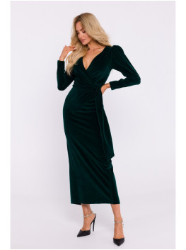 M828 Aksominė maksi suknelė su gilia V formos iškirpte - žalia