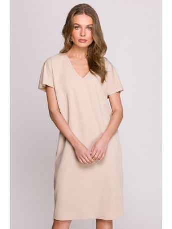 S392 Relaxed fit dress with V-neck - beige