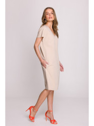 S392 Relaxed fit dress with V-neck - beige