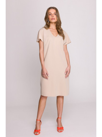 S392 Relaxed fit dress with V-neck - beige