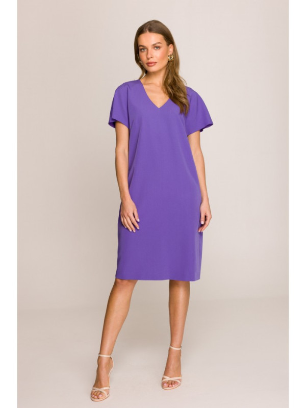 S392 Relaxed fit dress with V-neck - purple