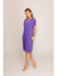 S392 Relaxed fit dress with V-neck - purple