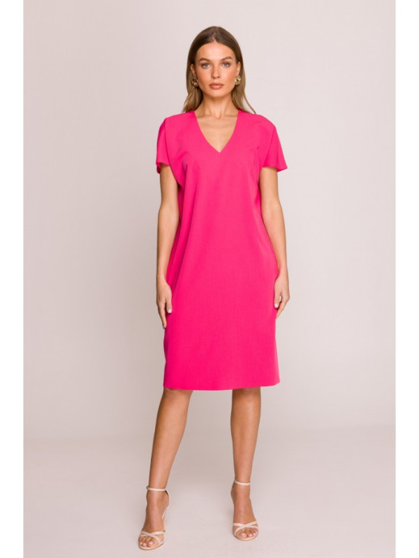 S392 Relaxed fit dress with V-neck - pink