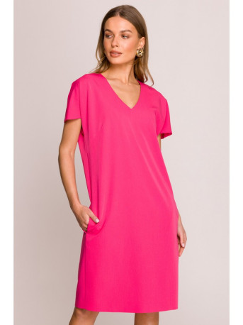 S392 Relaxed fit dress with V-neck - pink