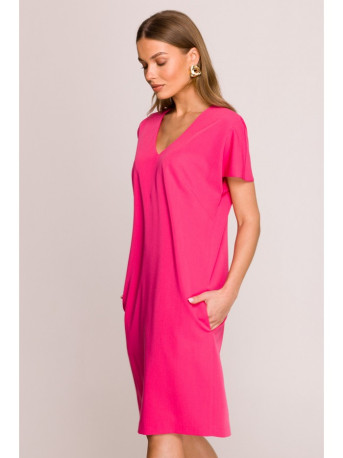 S392 Relaxed fit dress with V-neck - pink