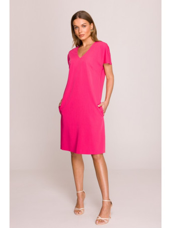 S392 Relaxed fit dress with V-neck - pink