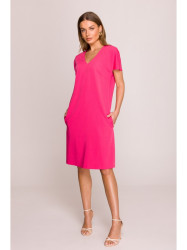 S392 Relaxed fit dress with V-neck - pink