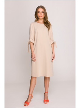 S393 A-line dress with tie sleeves - beige