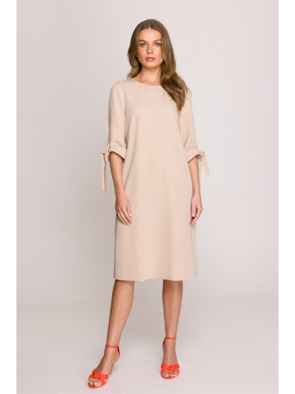 S393 A-line dress with tie sleeves - beige