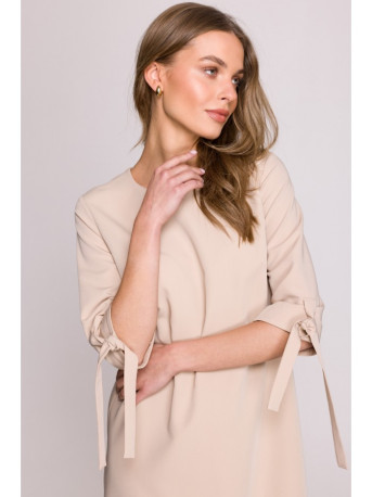S393 A-line dress with tie sleeves - beige