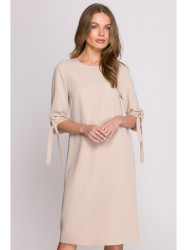 S393 A-line dress with tie sleeves - beige