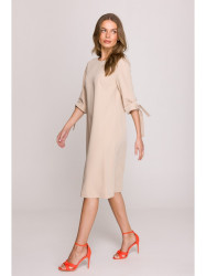 S393 A-line dress with tie sleeves - beige