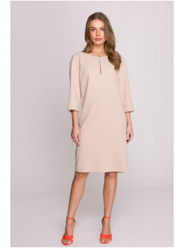 S394 Relaxed fit dress with keyhole neckline - beige