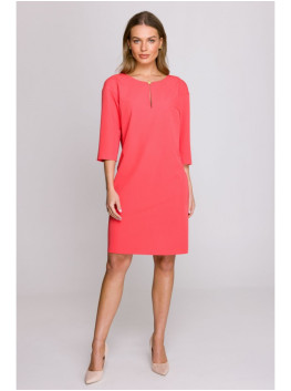 S394 Relaxed fit dress with keyhole neckline - coral