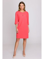 S394 Relaxed fit dress with keyhole neckline - coral