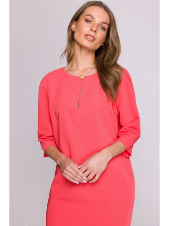 S394 Relaxed fit dress with keyhole neckline - coral