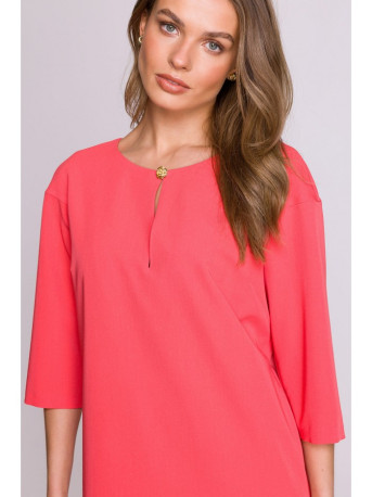 S394 Relaxed fit dress with keyhole neckline - coral