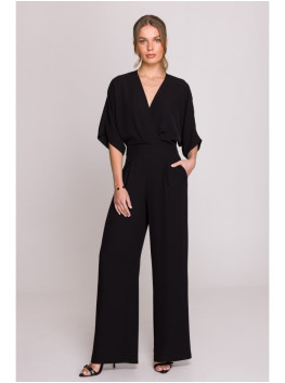 S395 Wide leg jumpsuit with wrap neckline - black