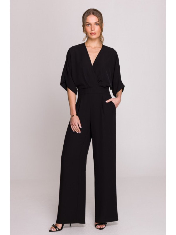 S395 Wide leg jumpsuit with wrap neckline - black