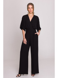 S395 Wide leg jumpsuit with wrap neckline - black