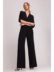 S395 Wide leg jumpsuit with wrap neckline - black