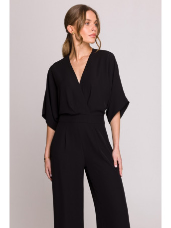 S395 Wide leg jumpsuit with wrap neckline - black