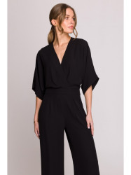 S395 Wide leg jumpsuit with wrap neckline - black