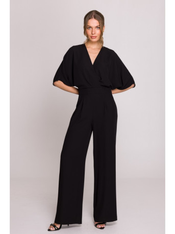 S395 Wide leg jumpsuit with wrap neckline - black