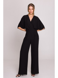 S395 Wide leg jumpsuit with wrap neckline - black