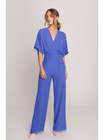 S395 Wide leg jumpsuit with wrap neckline - blue