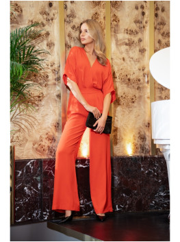 S395 Wide leg jumpsuit with wrap neckline - coral
