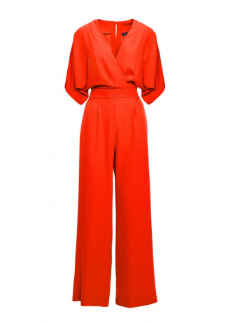 S395 Wide leg jumpsuit with wrap neckline - coral