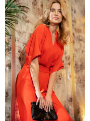 S395 Wide leg jumpsuit with wrap neckline - coral