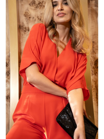 S395 Wide leg jumpsuit with wrap neckline - coral