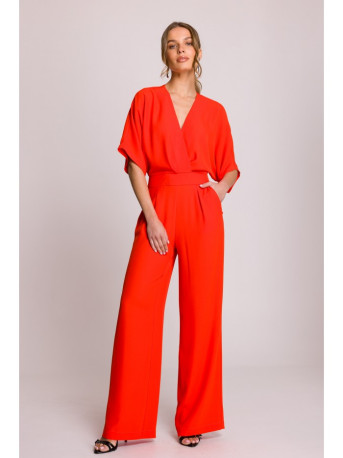 S395 Wide leg jumpsuit with wrap neckline - coral