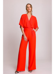 S395 Wide leg jumpsuit with wrap neckline - coral
