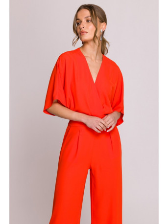 S395 Wide leg jumpsuit with wrap neckline - coral