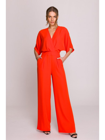 S395 Wide leg jumpsuit with wrap neckline - coral
