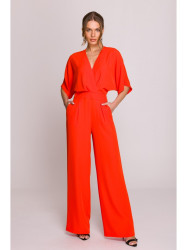 S395 Wide leg jumpsuit with wrap neckline - coral