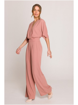 S395 Wide leg jumpsuit with wrap neckline - rose