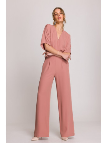 S395 Wide leg jumpsuit with wrap neckline - rose