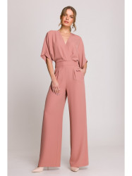 S395 Wide leg jumpsuit with wrap neckline - rose