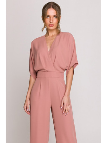 S395 Wide leg jumpsuit with wrap neckline - rose