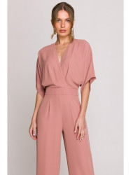 S395 Wide leg jumpsuit with wrap neckline - rose