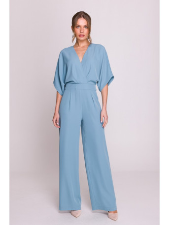 S395 Wide leg jumpsuit with wrap neckline - sky blue